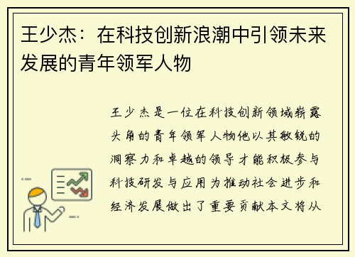 王少杰：在科技创新浪潮中引领未来发展的青年领军人物